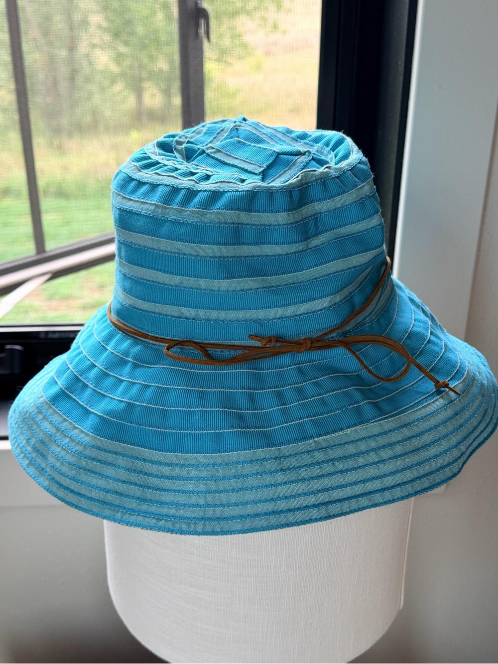 San Diego Hat Company Women’s Turquoise Striped Sun Hat with Tan Cord